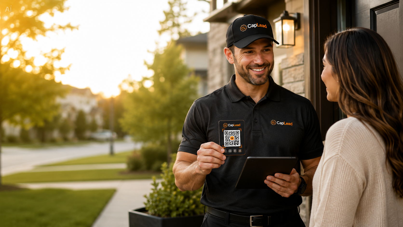 Contractor showing a CapLead QR card to a homeowner