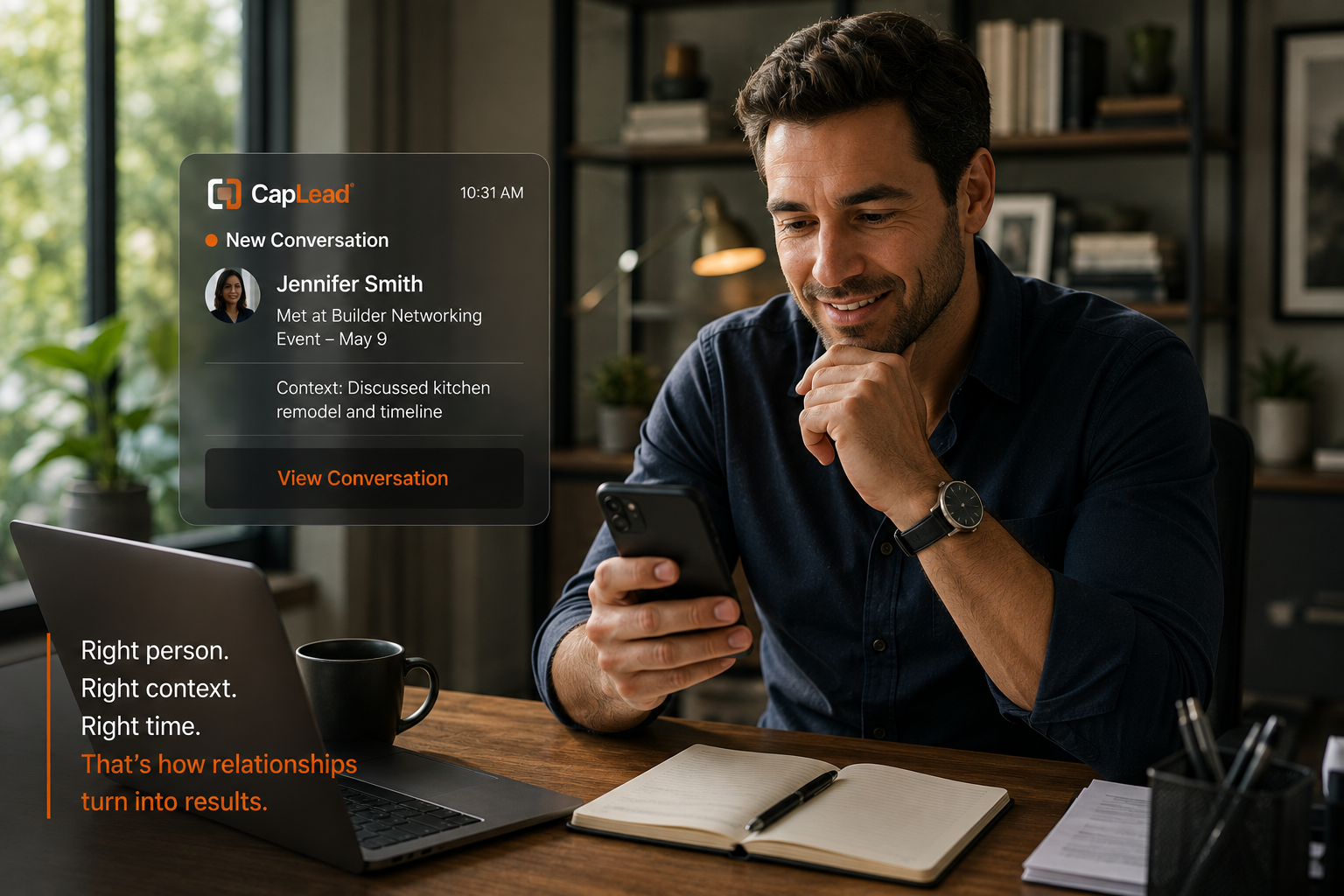 A professional reviewing a CapLead conversation notification with the person's name and context on his phone