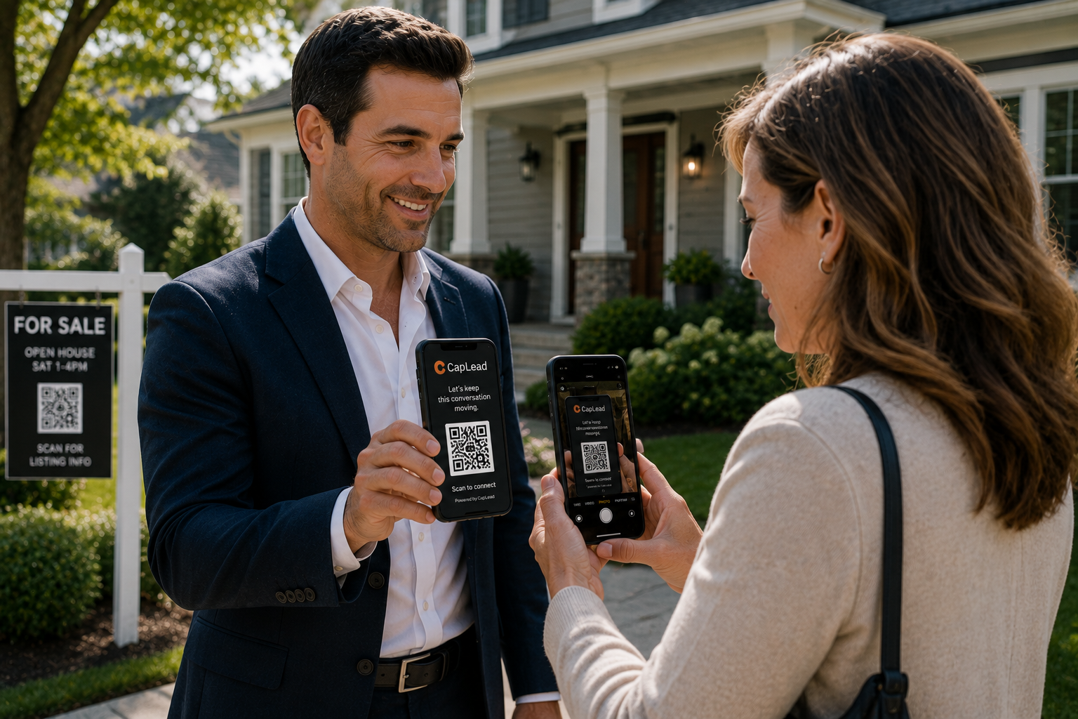 A real estate professional showing a CapLead QR code on his phone while a prospect scans it with hers