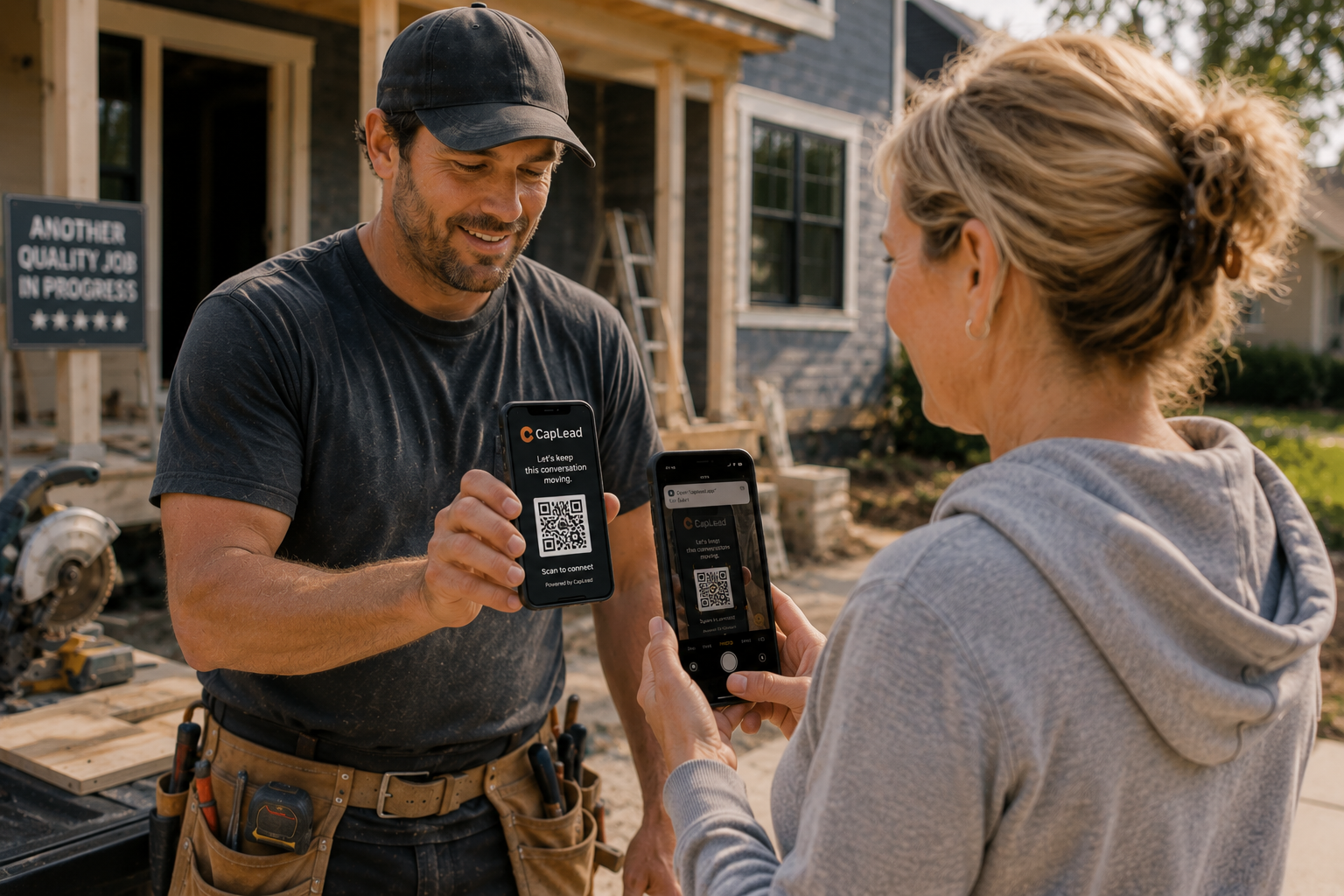 Contractor displaying his CapLead QR on his phone while a homeowner scans it with hers at a job site