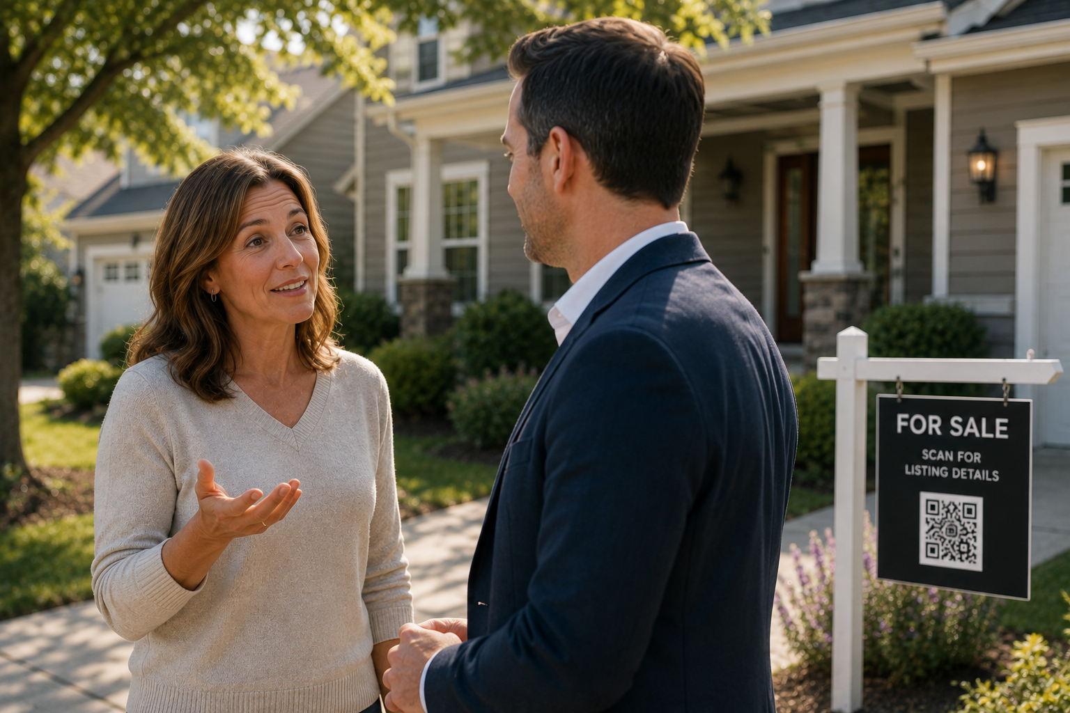 A real estate professional and a homeowner having a natural conversation outside a residential property