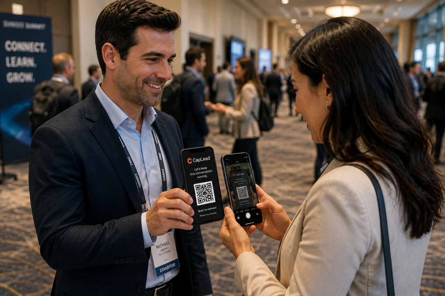 An exhibitor showing a CapLead QR code on his phone while an attendee scans it with hers in a conference hallway