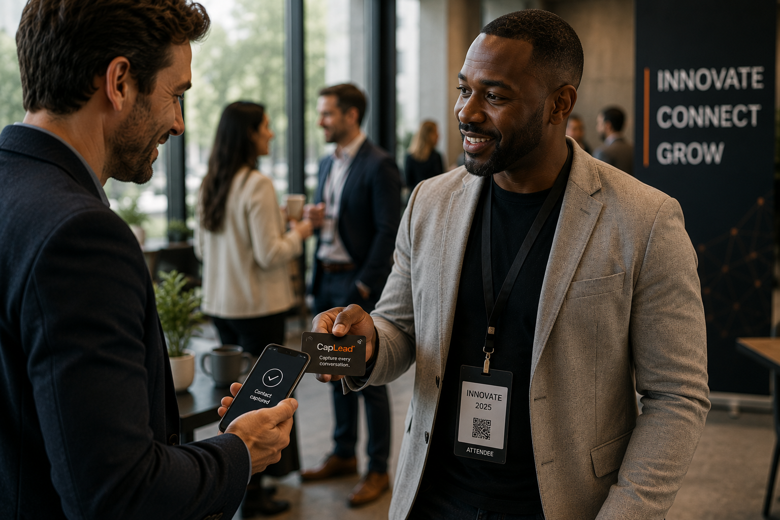 One professional sharing a CapLead card with another person's phone during a conversation