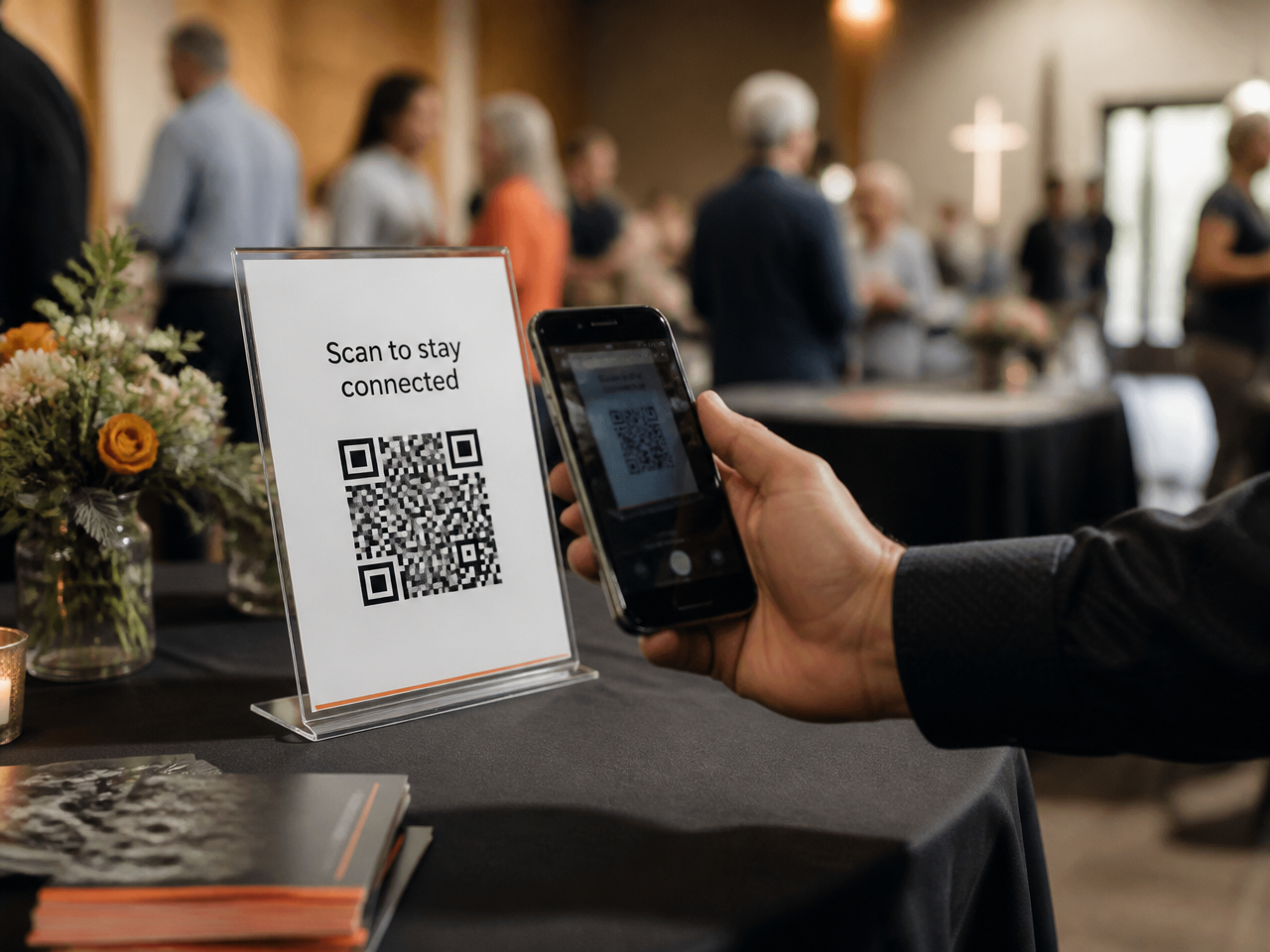 Supporter scanning a QR code sign on a fundraising table at a community event