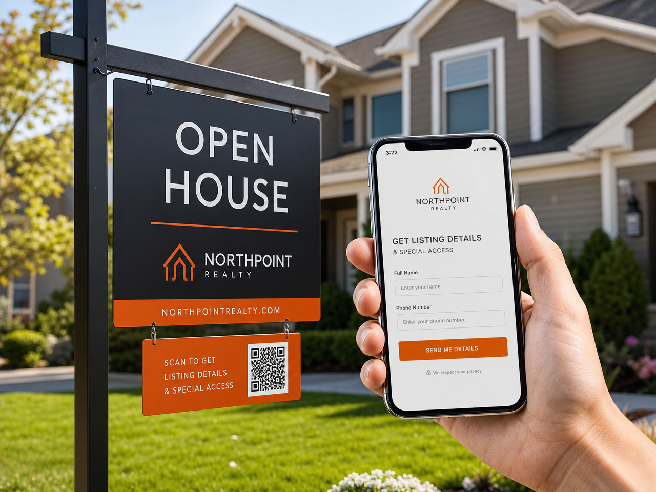 Open house yard sign with a QR code rider while a visitor scans it and a branded opt-in page opens on their phone